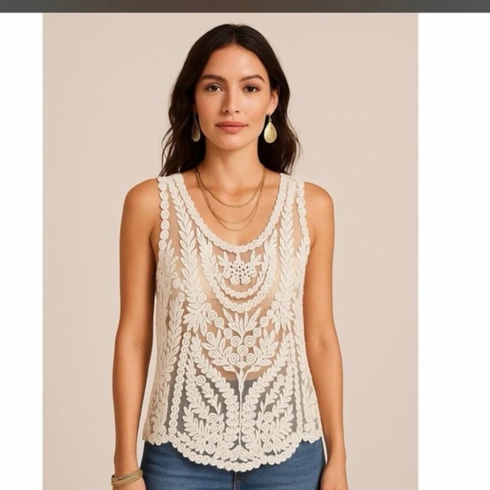 Bobbie brooks cottagecore cream lace top sz 1X sheer embroidered floral romantic